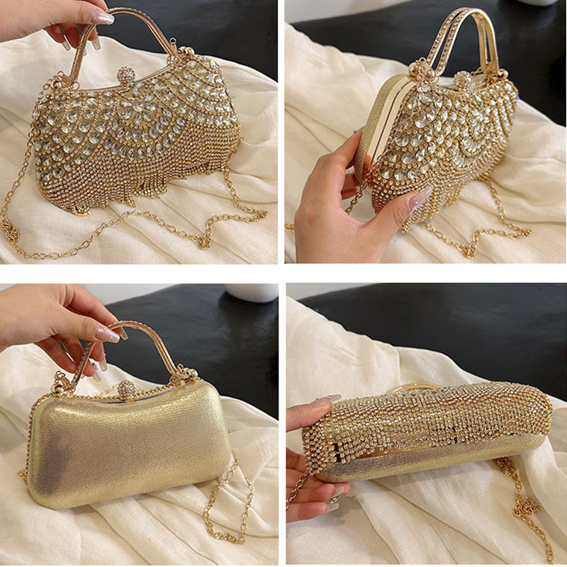 Elegant Retro Gold Clutch Bag with Rhinestone and Tassel for Daily or Wedding Use