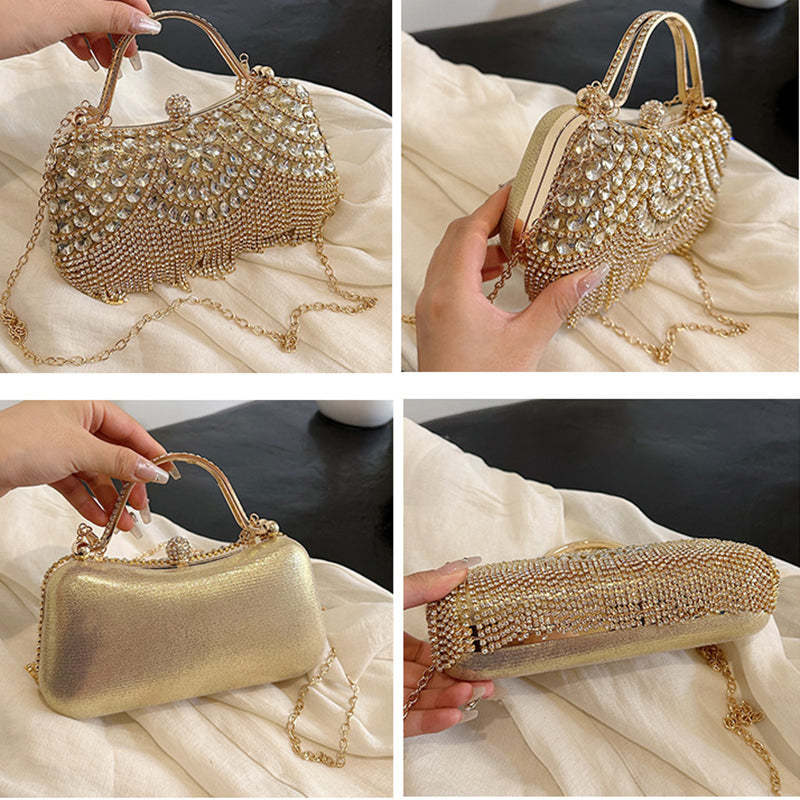 Elegant Retro Gold Clutch Bag with Rhinestone and Tassel for Daily or Wedding Use