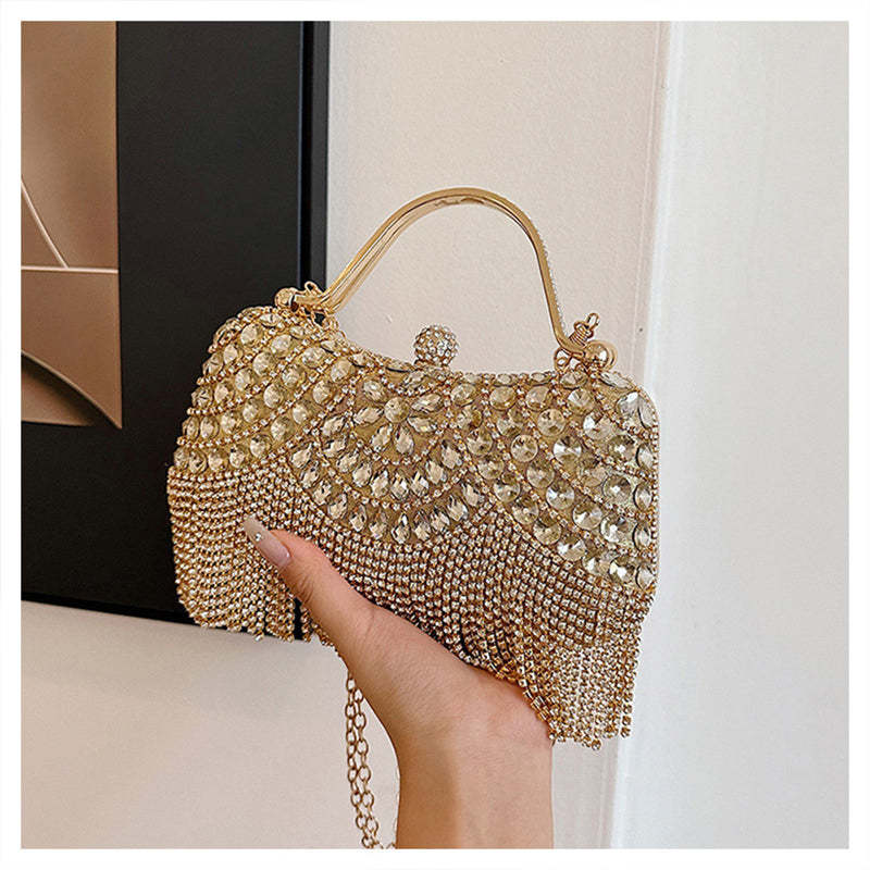 Elegant Retro Gold Clutch Bag with Rhinestone and Tassel for Daily or Wedding Use