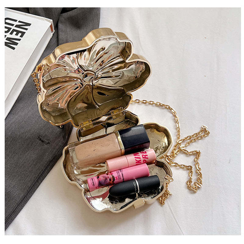 Sweet Floral Mini Clutch Bag for Daily Use and Weddings in Gold PVC Acrylic