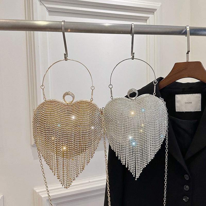 Elegant High-End Gold PVC Heart Clutch Bag with Crystal Tassel for Daily or Wedding Use