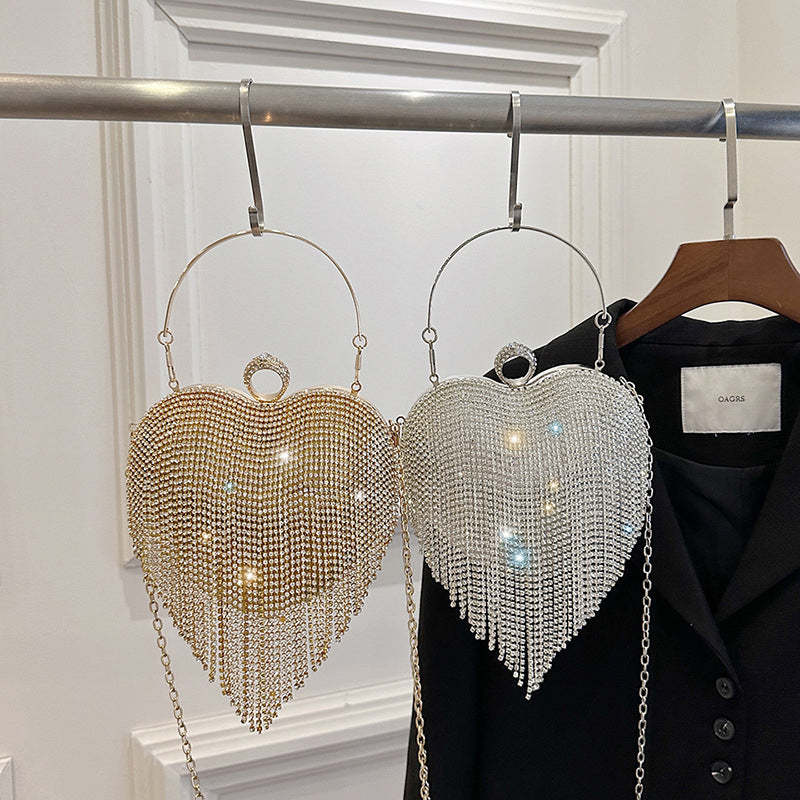 Elegant High-End Gold PVC Heart Clutch Bag with Crystal Tassel for Daily or Wedding Use