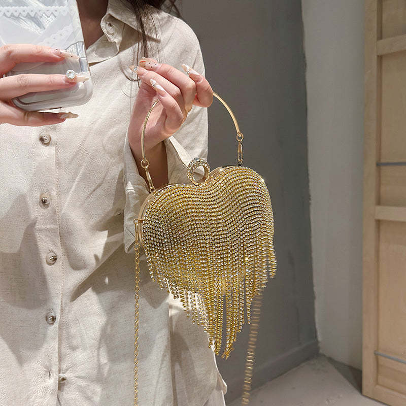 Elegant High-End Gold PVC Heart Clutch Bag with Crystal Tassel for Daily or Wedding Use