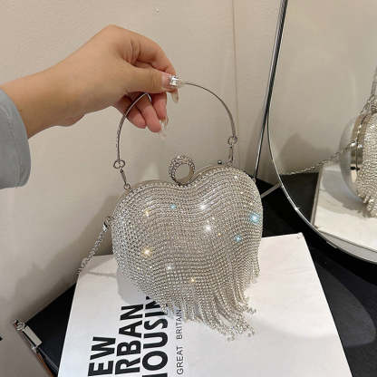 Elegant High-End Gold PVC Heart Clutch Bag with Crystal Tassel for Daily or Wedding Use