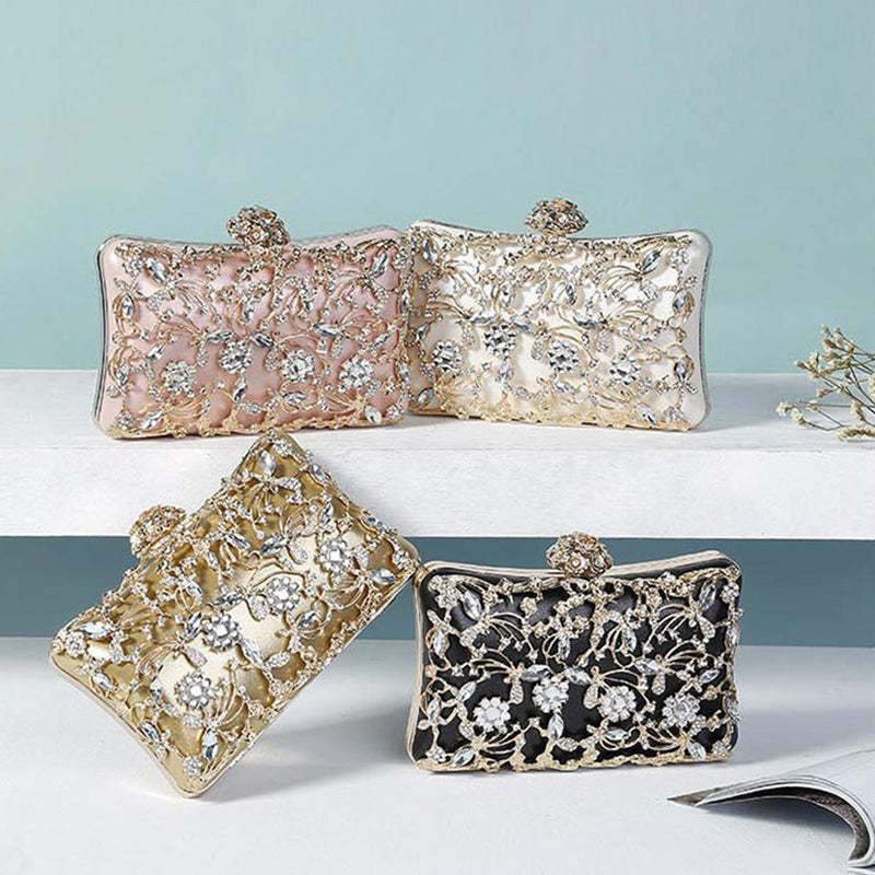 Elegant White Square Evening Clutch Bag with Floral Rhinestone Details for Weddings