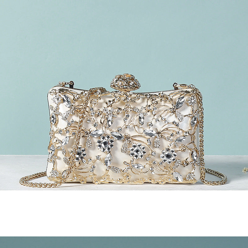 Elegant White Square Evening Clutch Bag with Floral Rhinestone Details for Weddings