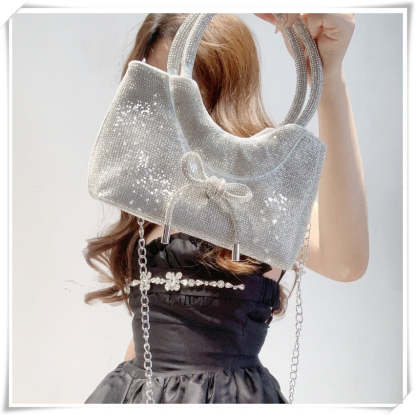 Elegant Silver Crystal Clutch Bag with Bowknot for Weddings and Parties