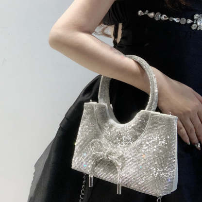 Elegant Silver Crystal Clutch Bag with Bowknot for Weddings and Parties