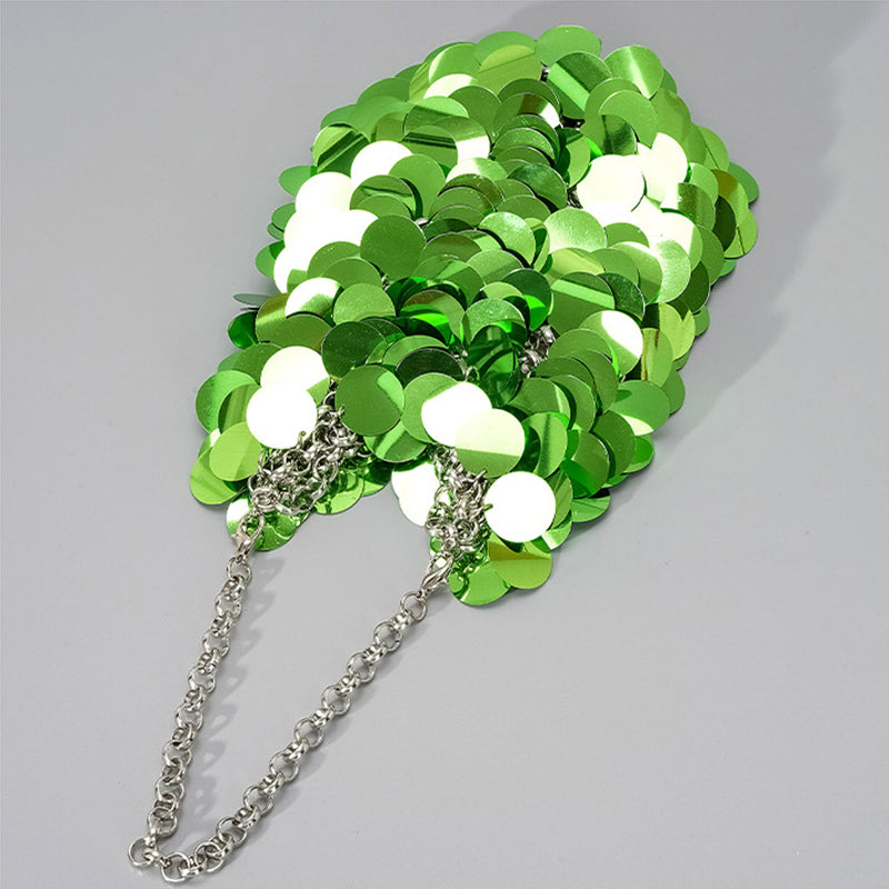 High-End Evening Clutch Bag with Green Retro Sparkling Sequined Chain