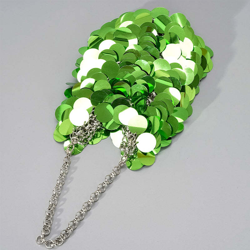 High-End Evening Clutch Bag with Green Retro Sparkling Sequined Chain