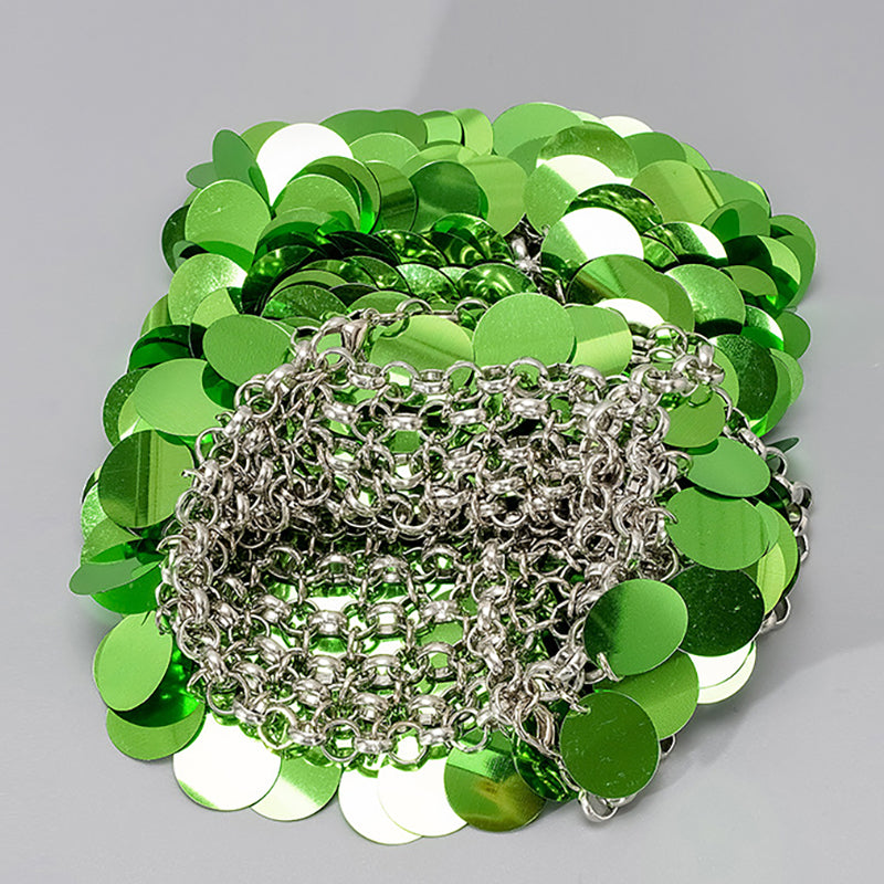 High-End Evening Clutch Bag with Green Retro Sparkling Sequined Chain