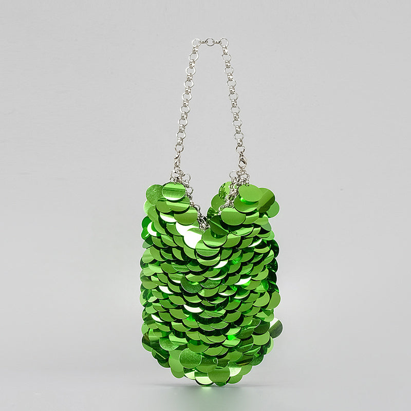 High-End Evening Clutch Bag with Green Retro Sparkling Sequined Chain