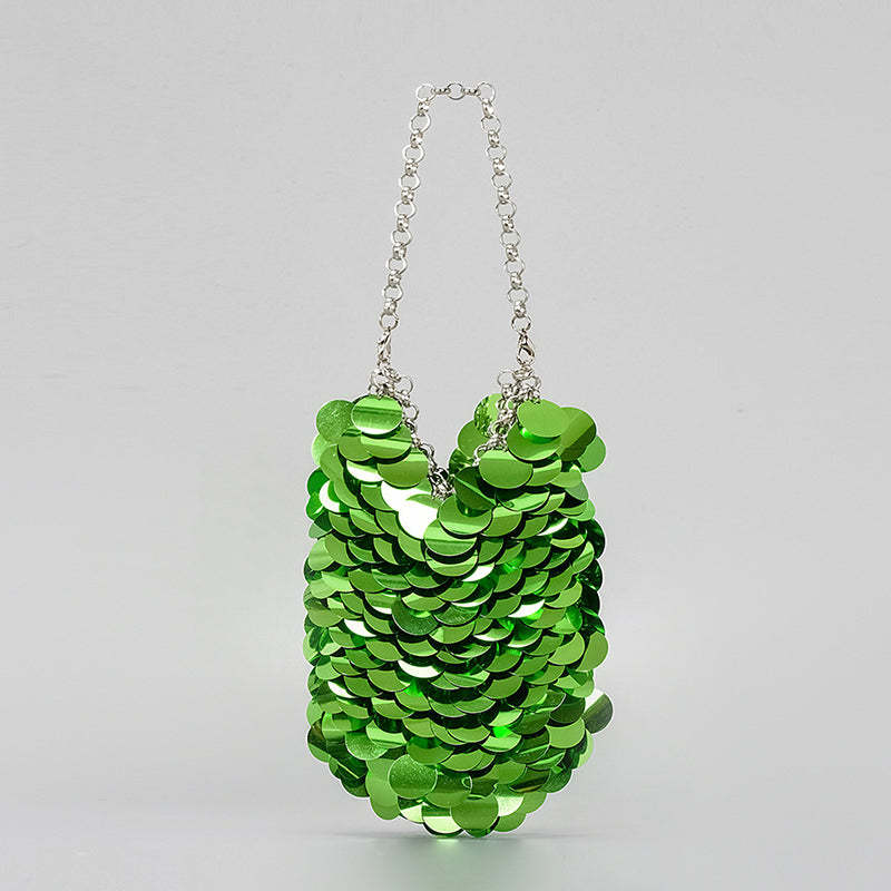 High-End Evening Clutch Bag with Green Retro Sparkling Sequined Chain