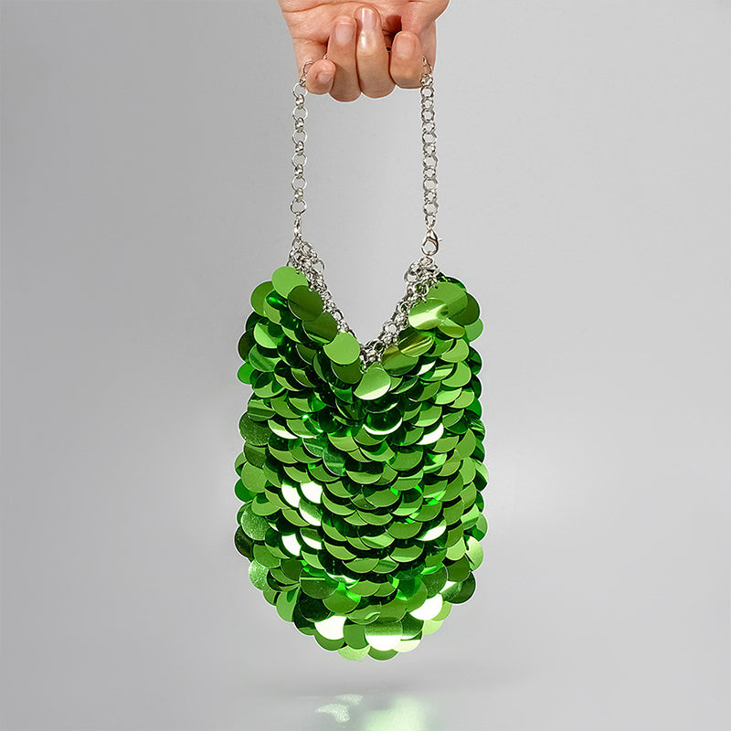 High-End Evening Clutch Bag with Green Retro Sparkling Sequined Chain