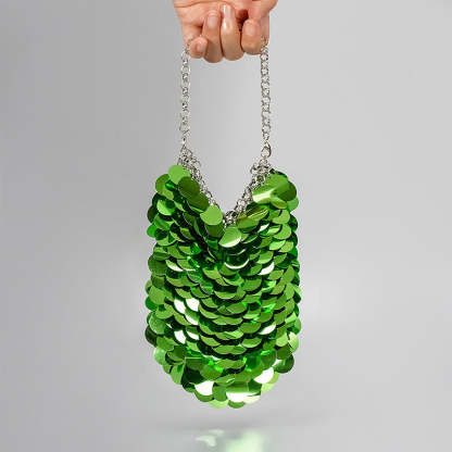 High-End Evening Clutch Bag with Green Retro Sparkling Sequined Chain