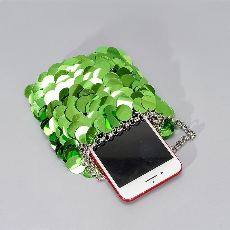 High-End Evening Clutch Bag with Green Retro Sparkling Sequined Chain