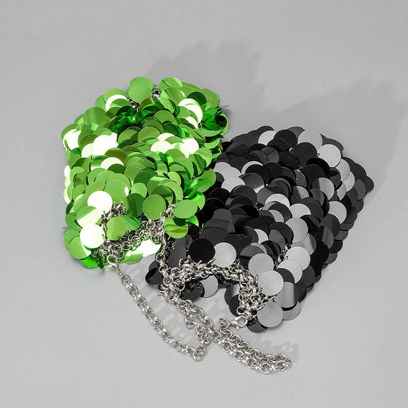 High-End Evening Clutch Bag with Green Retro Sparkling Sequined Chain