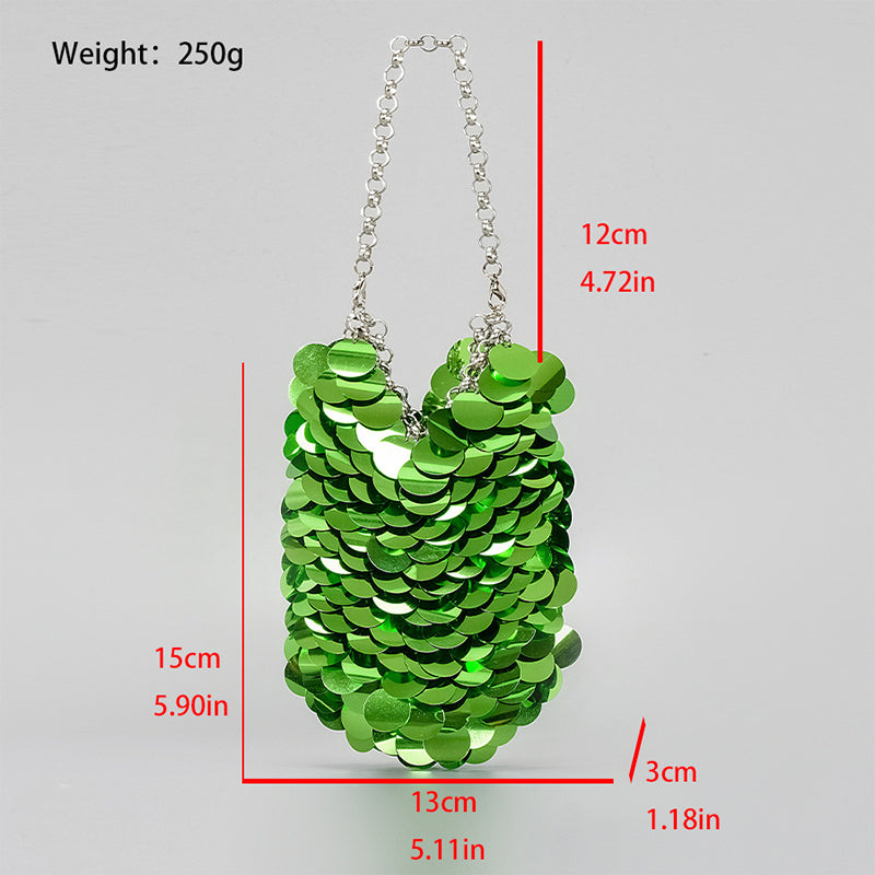 High-End Evening Clutch Bag with Green Retro Sparkling Sequined Chain