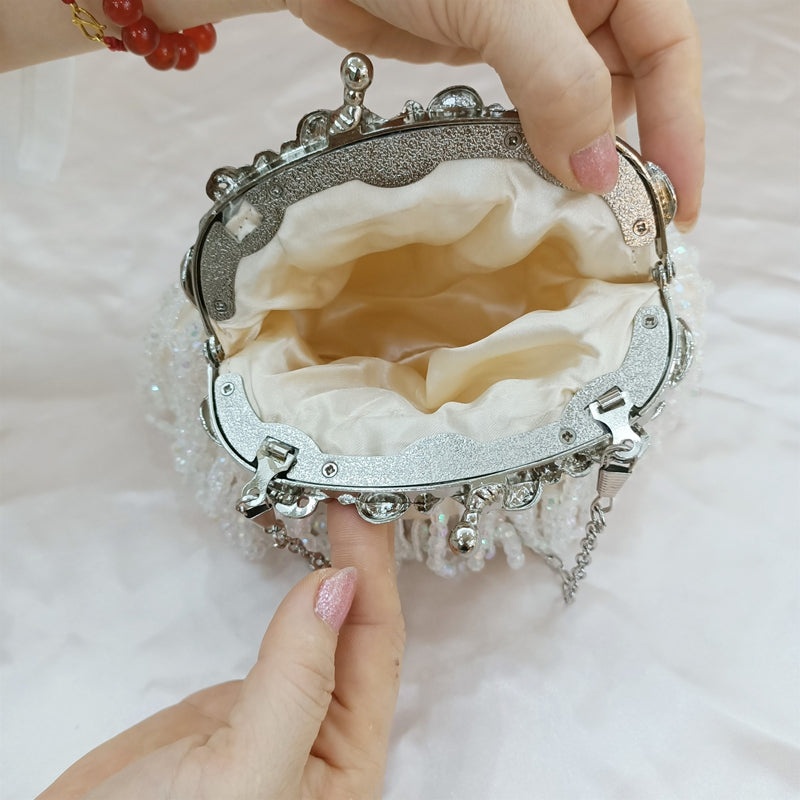 Elegant Beige Retro Silk Evening Bag with Beadings and Tassels