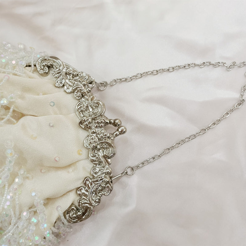 Elegant Beige Retro Silk Evening Bag with Beadings and Tassels