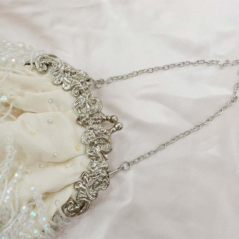 Elegant Beige Retro Silk Evening Bag with Beadings and Tassels