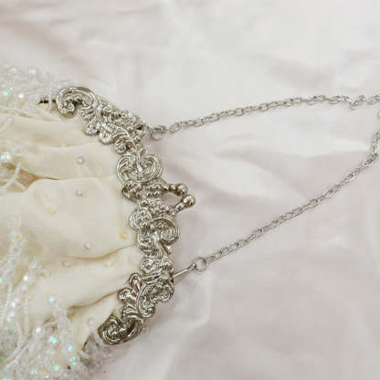 Elegant Beige Retro Silk Evening Bag with Beadings and Tassels