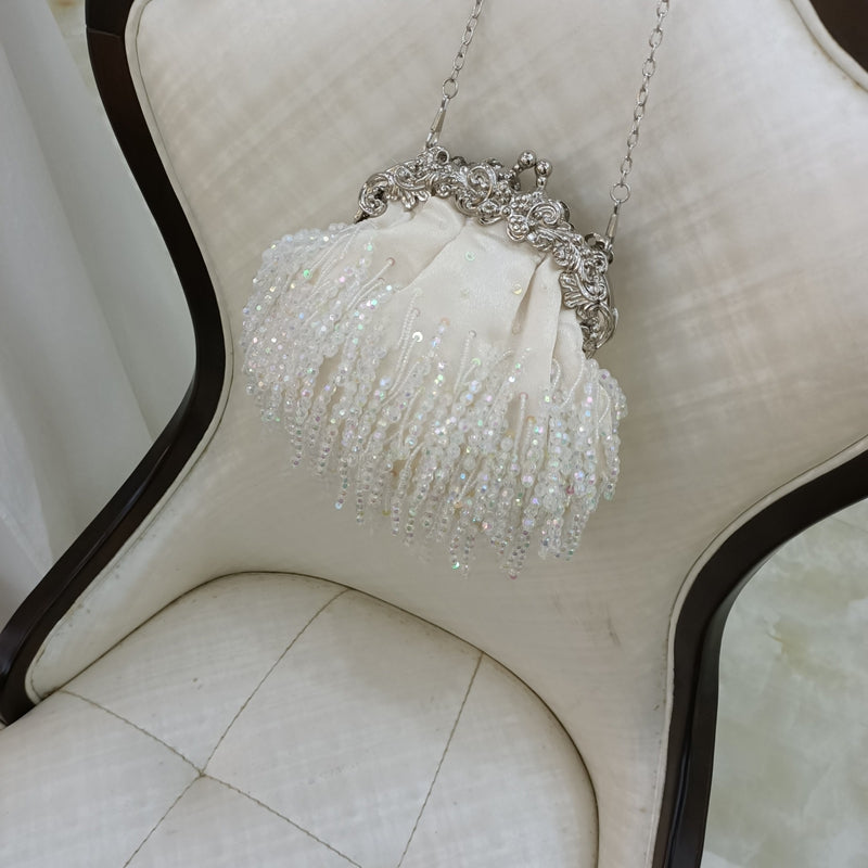 Elegant Beige Retro Silk Evening Bag with Beadings and Tassels