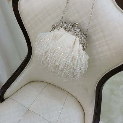 Elegant Beige Retro Silk Evening Bag with Beadings and Tassels