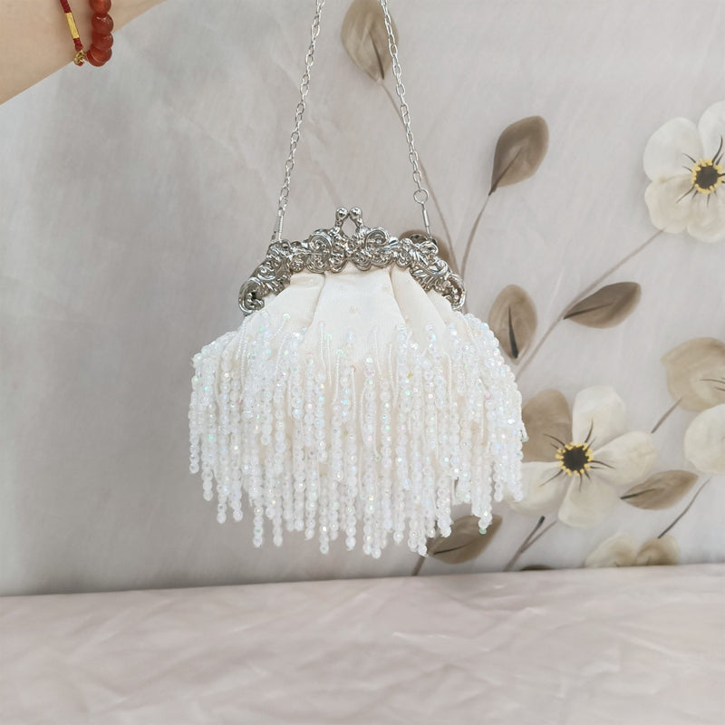 Elegant Beige Retro Silk Evening Bag with Beadings and Tassels