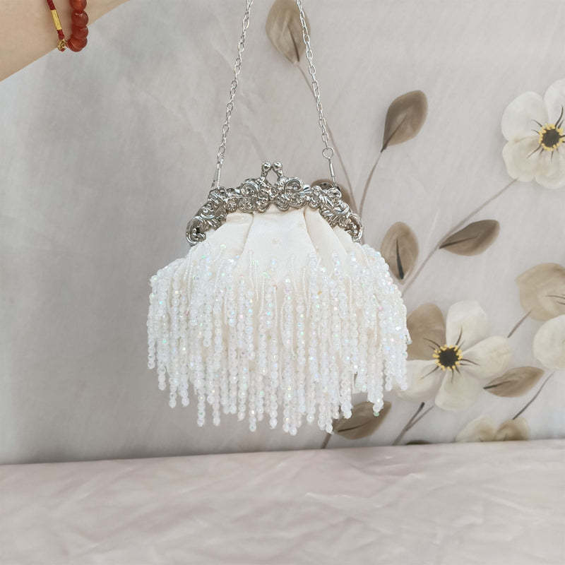 Elegant Beige Retro Silk Evening Bag with Beadings and Tassels