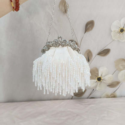 Elegant Beige Retro Silk Evening Bag with Beadings and Tassels