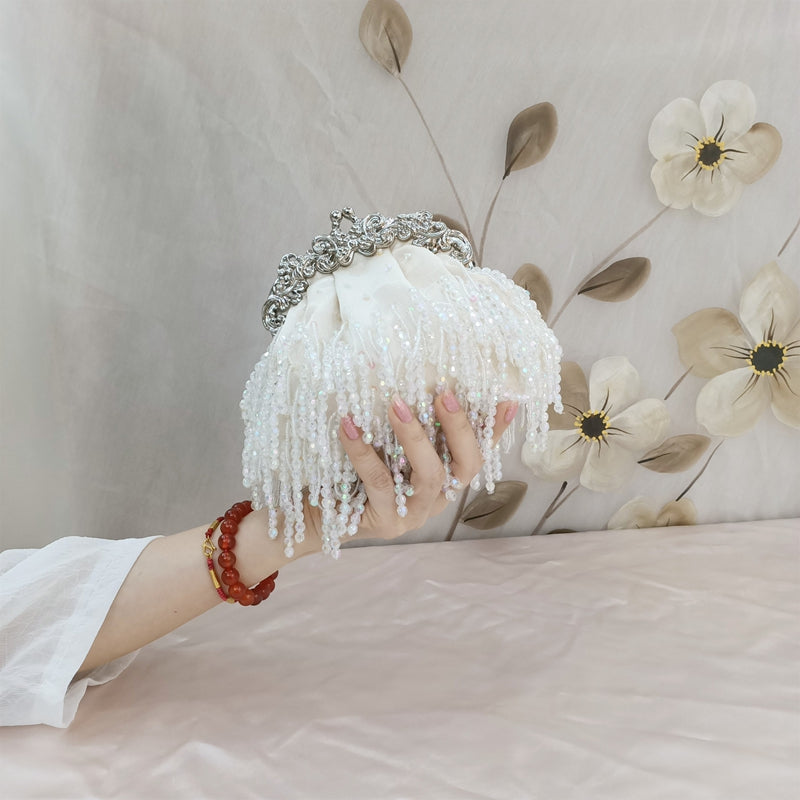 Elegant Beige Retro Silk Evening Bag with Beadings and Tassels