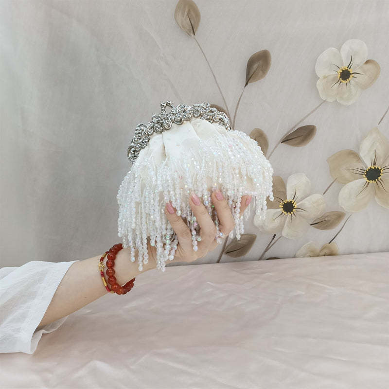 Elegant Beige Retro Silk Evening Bag with Beadings and Tassels