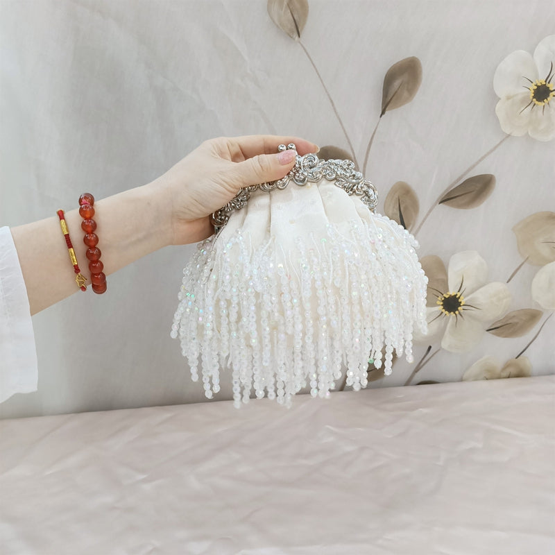 Elegant Beige Retro Silk Evening Bag with Beadings and Tassels