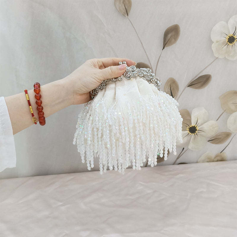 Elegant Beige Retro Silk Evening Bag with Beadings and Tassels