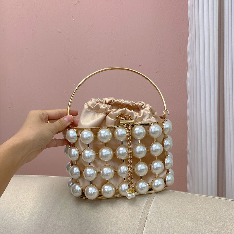 Elegant Champagne Velvet Evening Clutch Bag with White Pearls for Weddings and Parties