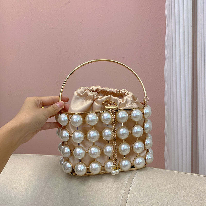 Elegant Champagne Velvet Evening Clutch Bag with White Pearls for Weddings and Parties