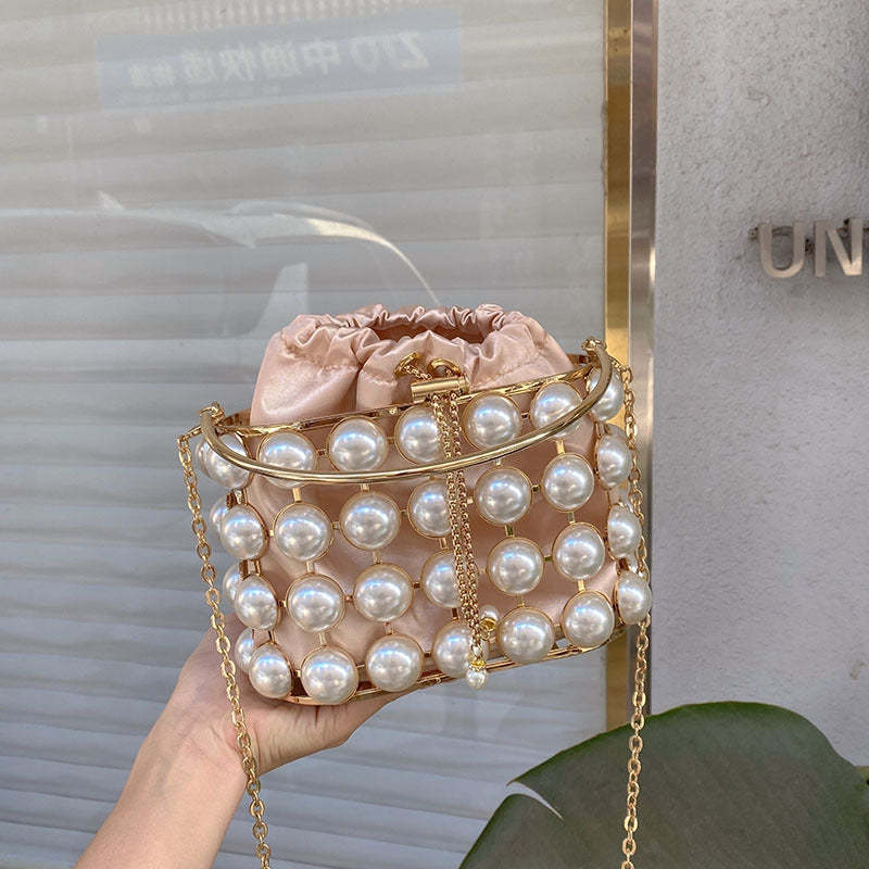 Elegant Champagne Velvet Evening Clutch Bag with White Pearls for Weddings and Parties