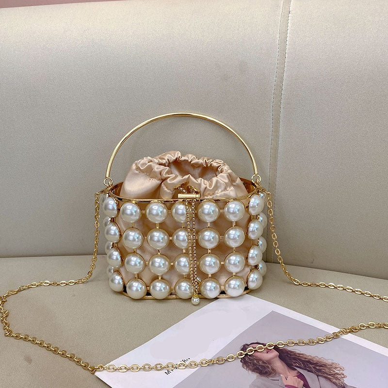 Elegant Champagne Velvet Evening Clutch Bag with White Pearls for Weddings and Parties