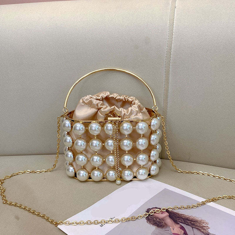 Elegant Champagne Velvet Evening Clutch Bag with White Pearls for Weddings and Parties