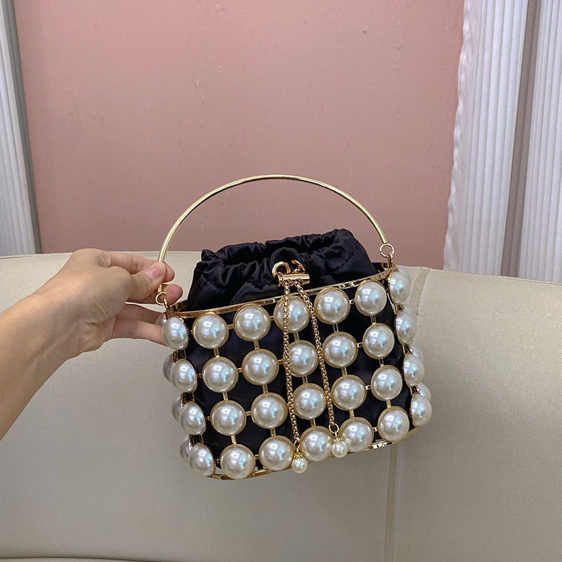 Elegant Champagne Velvet Evening Clutch Bag with White Pearls for Weddings and Parties