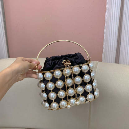 Elegant Champagne Velvet Evening Clutch Bag with White Pearls for Weddings and Parties