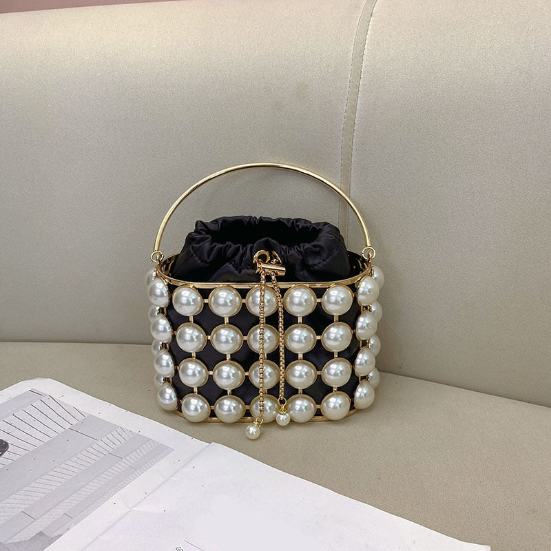 Elegant Champagne Velvet Evening Clutch Bag with White Pearls for Weddings and Parties