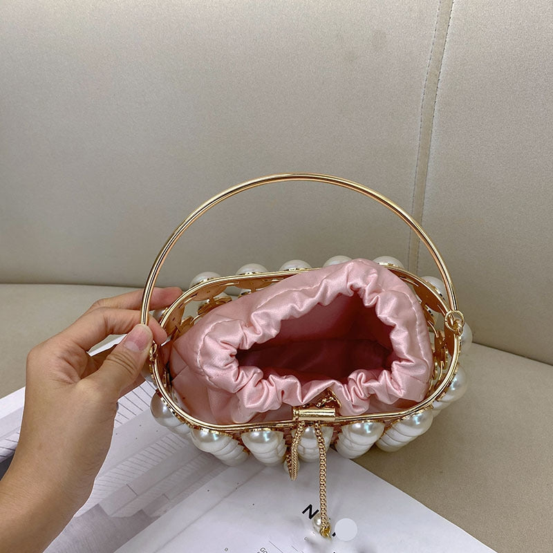 Elegant Champagne Velvet Evening Clutch Bag with White Pearls for Weddings and Parties