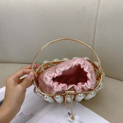 Elegant Champagne Velvet Evening Clutch Bag with White Pearls for Weddings and Parties