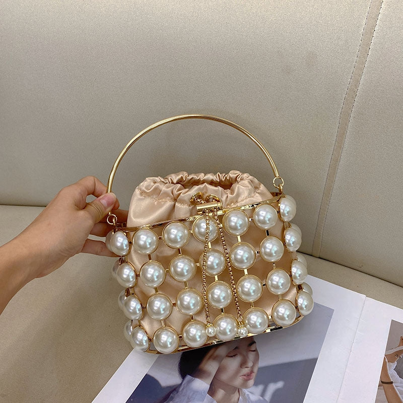 Elegant Champagne Velvet Evening Clutch Bag with White Pearls for Weddings and Parties