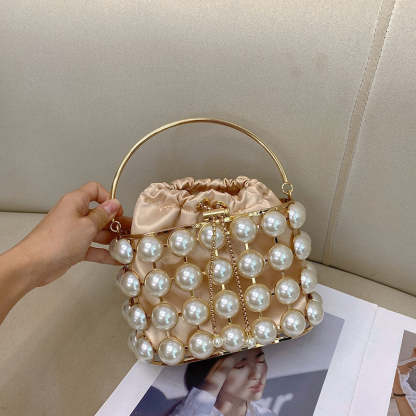 Elegant Champagne Velvet Evening Clutch Bag with White Pearls for Weddings and Parties
