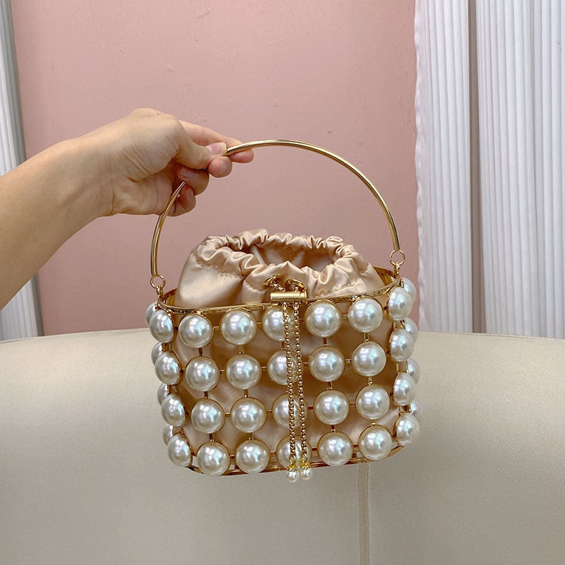 Elegant Champagne Velvet Evening Clutch Bag with White Pearls for Weddings and Parties
