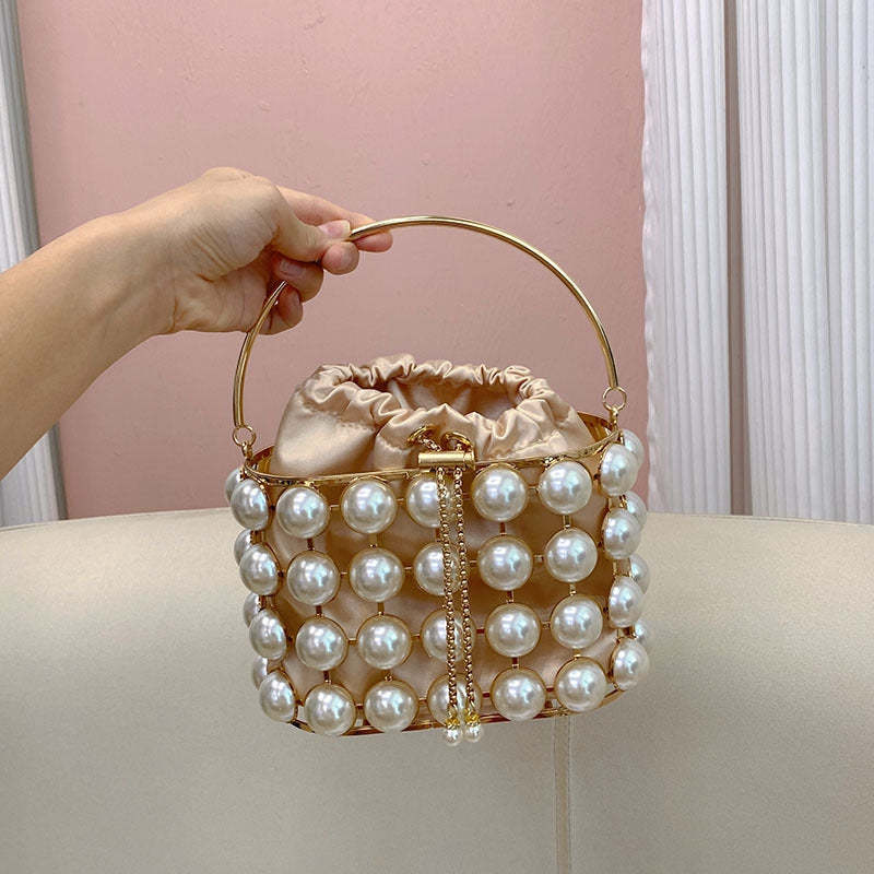 Elegant Champagne Velvet Evening Clutch Bag with White Pearls for Weddings and Parties