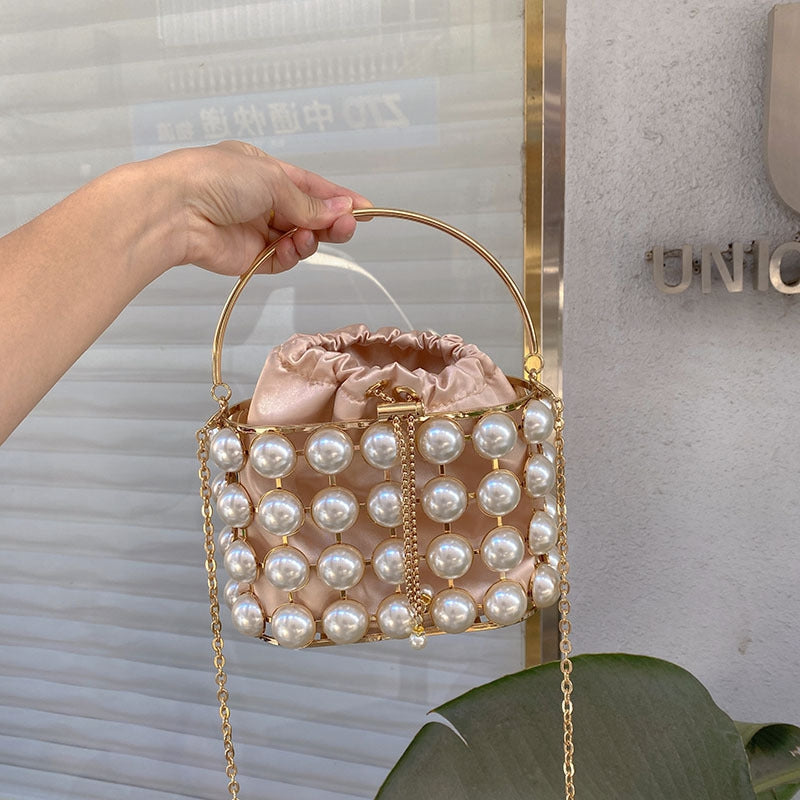 Elegant Champagne Velvet Evening Clutch Bag with White Pearls for Weddings and Parties